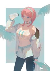 Rule 34 | 1girl, absurdres, arknights, bare shoulders, black pants, blue eyes, blue poison (arknights), blue poison (shoal beat) (arknights), blue shorts, braid, breasts, camisole, choker, cleavage, commentary request, cowboy shot, crop top, hairband, hand up, highres, holding, jacket, leggings, long sleeves, medium breasts, midriff, navel, off shoulder, official alternate costume, open clothes, open jacket, pants, pink choker, pink hair, revision, short hair, shorts, solo, spaghetti strap, sports bra, standing, stomach, twin braids, white jacket, you-ouo