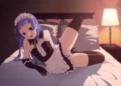 Rule 34 | 00s, 1girl, bare shoulders, bed, blue hair, blunt bangs, blush, colored pubic hair, elbow gloves, female masturbation, female pubic hair, flat chest, frills, from behind, gloves, highres, hime cut, kannagi, lying, maid, masturbation, nagi, pubic hair, purple eyes, pussy, solo, spread legs, thighhighs, third-party edit, uncensored, zettai ryouiki