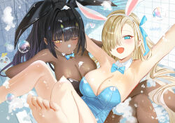 Rule 34 | 2girls, animal ears, armpits, artist name, asuna (blue archive), asuna (bunny) (blue archive), barefoot, black hair, black leotard, blue archive, blue bow, blue eyes, blue leotard, blush, bow, breasts, cleavage, commentary, dark-skinned female, dark skin, detached collar, english commentary, fake animal ears, hair over one eye, haruri, highres, indoors, karin (blue archive), karin (bunny) (blue archive), large breasts, leotard, light brown hair, long hair, mole, mole on breast, multiple girls, official alternate costume, one eye closed, open mouth, peroro (blue archive), ponytail, rabbit ears, signature, smile, soap bubbles, strapless, strapless leotard, tile wall, tiles, toes, yellow eyes