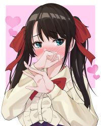 Rule 34 | 1girl, absurdres, black hair, blouse, blue eyes, blush, bow, center frills, collared shirt, commentary request, covered mouth, frilled shirt, frilled shirt collar, frills, hair bow, hands up, heart, highres, hololive, long hair, long sleeves, looking away, looking to the side, nose blush, oozora subaru, oozora subaru (casual), pink background, red bow, rururaroru, shirt, solo, twintails, two-tone background, upper body, virtual youtuber, white background, white shirt