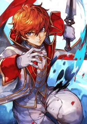 Rule 34 | 1boy, amamiya ren, closed mouth, coat, gloves, grey eyes, hair between eyes, holding, holding sword, holding weapon, hungry clicker, looking at viewer, male focus, open clothes, open coat, orange hair, pants, persona, persona 5, reverse grip, solo, sword, vest, weapon, white coat, white gloves, white pants, white vest
