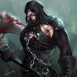 Rule 34 | 1boy, axe, beard, black gloves, black hood, blood, blood on mask, bloody weapon, blurry, blurry background, chain, facial hair, facing viewer, gloves, holding, holding axe, meisai, muscular, original, outdoors, pectorals, plague doctor mask, rain, scar, scar on arm, solo, standing, weapon