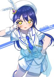 Rule 34 | 1girl, blue hair, blush, commentary request, cowboy shot, earrings, fingerless gloves, gloves, goe (g-o-e), hair between eyes, hand on own hip, hat, highres, jewelry, long hair, looking at viewer, love live!, love live! school idol project, necktie, open mouth, simple background, smile, solo, sonoda umi, white gloves, wonderful rush, yellow eyes
