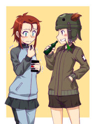 Rule 34 | 2girls, black shorts, blue eyes, blue jacket, blue pants, blue skirt, blunt bangs, blush, border, bottle, brown eyes, brown hair, brown jacket, commentary, constricted pupils, cosplay, costume switch, eating, emblem, frown, girls und panzer, green headwear, grin, hair through headwear, hand in pocket, helmet, helmet-chan (girls und panzer), holding, holding bottle, jacket, keizoku military uniform, long sleeves, looking at another, mikko (girls und panzer), military, military uniform, miniskirt, mouth hold, multiple girls, oosaka kanagawa, open mouth, outside border, pants, pants rolled up, pants under skirt, pleated skirt, raglan sleeves, red eyes, red hair, saunders military uniform, short hair, short shorts, short twintails, shorts, sidelocks, single vertical stripe, skirt, smile, stalk in mouth, standing, star (symbol), sweatdrop, tank helmet, track jacket, track pants, twintails, uniform, wavy mouth, white border, yellow background