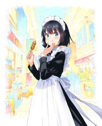 Rule 34 | 1girl, :t, apron, back bow, black dress, blue eyes, blush, bow, brown hair, closed mouth, commentary request, cowboy shot, crowd, dress, eating, food, frilled apron, frills, hand on own face, holding, holding food, juliet sleeves, long sleeves, maeya susumu, maid, maid headdress, original, puffy sleeves, short hair, smile, solo focus, storefront, white apron, white bow
