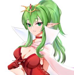Rule 34 | 1girl, breasts, cape, cleavage, fire emblem, fire emblem awakening, gloves, green eyes, green hair, long hair, medium breasts, nintendo, parted lips, pointy ears, ponytail, red gloves, simple background, solo, tiara, tiki (adult) (fire emblem), tiki (fire emblem), twitter username, upper body, v, white background, yoru (yowuyoru)