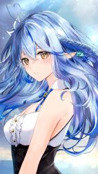 Rule 34 | 1girl, ahoge, blue bow, blue hair, blush, bow, braid, breasts, cleavage, cleavage cutout, clothing cutout, commentary, corset, flower, french braid, frilled shirt, frills, from side, hair between eyes, hair flower, hair ornament, heart, heart ahoge, highres, hololive, light blue hair, light smile, long hair, looking at viewer, medium breasts, multicolored hair, orange eyes, paid reward available, parted lips, pointy ears, shirt, signature, sleeveless, sleeveless shirt, solo, streaked hair, two-tone hair, underbust, upper body, virtual youtuber, white shirt, yuki haru, yukihana lamy