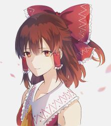 Rule 34 | 1girl, ascot, bow, brown eyes, brown hair, frilled bow, frilled hair tubes, frills, hair bow, hair tubes, hakurei reimu, highres, japanese clothes, looking at viewer, miko, petals, red bow, red eyes, ribbon, ribbon trim, short hair, sidelocks, simple background, smile, touhou, upper body, vega00211, white background, yellow ascot