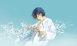 Rule 34 | 1boy, aqua background, black hair, closed mouth, commentary request, flower, highres, jacket, long sleeves, male focus, nose, open clothes, open jacket, original, profile, rido (ridograph), shirt, short hair, solo, upper body, watermark, web address, white flower, white jacket, white shirt, wide sleeves