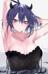 Rule 34 | 1girl, armpits, arms behind head, arms up, bare arms, bare shoulders, black clover, black dress, blush, breasts, brws, cleavage, collarbone, demon horns, dress, frilled dress, frills, hair between eyes, highres, horns, large breasts, looking at viewer, partially submerged, purple hair, red eyes, secre swallowtail, short hair, sleeveless, sleeveless dress, solo, strap slip, upper body, water, wet