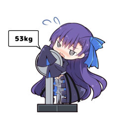 Rule 34 | 1girl, @ @, beni shake, blue bow, blue ribbon, blush, bow, chibi, embarrassed, fate/grand order, fate (series), hair bow, long hair, looking at viewer, meltryllis (fate), open mouth, purple hair, ribbon, solo, speech bubble, weighing scale, weight