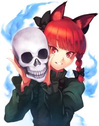 Rule 34 | 1girl, animal ears, bow, braid, cat ears, dress, grin, hair bow, hair ornament, hair ribbon, kaenbyou rin, kaiza (rider000), long sleeves, looking at viewer, puffy sleeves, red eyes, red hair, ribbon, short hair, simple background, skull, smile, solo, touhou, twin braids, upper body, white background