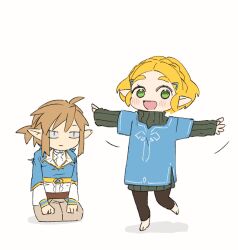 Rule 34 | 1boy, 1girl, antenna hair, barefoot, blonde hair, blue shirt, blush, braid, brown pants, champion&#039;s tunic (zelda), commentary, cosplay, costume switch, crown braid, expressionless, feet, full body, green eyes, hair ornament, hairclip, hands on own knees, highres, koi (nisikicoi), link, looking at another, looking at viewer, medium hair, nintendo, open mouth, outstretched arms, pants, princess zelda, seiza, shirt, short hair, short ponytail, sidelocks, sitting, spread arms, standing, standing on one leg, symbol-only commentary, the legend of zelda, the legend of zelda: tears of the kingdom, | |