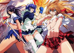 Rule 34 | 3girls, absurdres, blonde hair, blue eyes, blue hair, breasts, clenched hand, clenched hands, crop top, earrings, eyepatch, fighting stance, fingerless gloves, gloves, hair over one eye, highres, ikkitousen, ikkitousen dragon destiny, jewelry, kan&#039;u unchou, large breasts, long hair, maid, medium breasts, multiple girls, no bra, plaid, plaid skirt, polearm, purple hair, rin-sin, ryomou shimei, school uniform, skirt, smile, sonsaku hakufu, spear, text focus, thighhighs, torn clothes, underboob, very long hair, weapon, zettai ryouiki