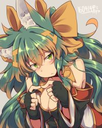 Rule 34 | 1girl, animal ear fluff, animal ears, bare shoulders, blush, breasts, brown hair, cleavage, eyebrows, finger to finger, fingerless gloves, gloves, gradient hair, green eyes, green hair, kuromiya, kuromiya raika, large breasts, long hair, looking at viewer, matching hair/eyes, multicolored hair, original, solo, two-tone hair, upper body