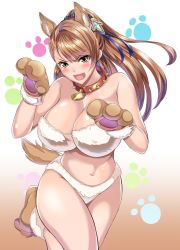 Rule 34 | &gt;:d, 10s, 1girl, :d, animal ears, animal hands, bare shoulders, beatrix (granblue fantasy), blue ribbon, blush, breasts, brown eyes, brown hair, cleavage, collar, cross hair ornament, dog ears, dog paws, dog tail, fang, granblue fantasy, hair ornament, hair ribbon, highres, kemonomimi mode, kumakichi (cost-lost), large breasts, long hair, looking at viewer, navel, open mouth, paw pose, paw shoes, ponytail, ribbon, sleeveless, smile, solo, spiked collar, spikes, tail, v-shaped eyebrows