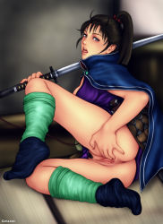 Rule 34 | 1girl, anus, bottomless, brown hair, censored, cloak, female pubic hair, highres, katana, looking at viewer, mosaic censoring, no panties, open mouth, ponytail, pubic hair, pussy, socks, solo, spread pussy, sword, weapon