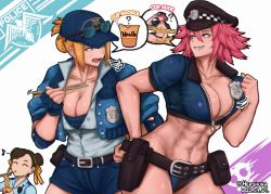 Rule 34 | 3girls, ^ ^, abs, belt, blonde hair, blue eyes, breasts, brown hair, buttons, capcom, caution tape, chun-li, cleavage, closed eyes, crop top, cropped jacket, cup ramen, eating, eyeshadow, food, grin, hand on own hip, hershuar, holstered, jacket, large breasts, lucia morgan, makeup, multiple girls, noodles, official alternate costume, pink hair, poison (final fight), police, police badge, police uniform, policewoman, revealing clothes, short hair, short shorts, shorts, shoulder pads, smile, speech bubble, spiked hair, street fighter, street fighter v, sunglasses on hat, talking, toned, trait connection, uniform, unzipped