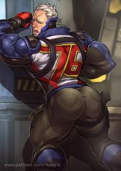 Rule 34 | against wall, ass, blush, gloves, highres, luxuris, male focus, muscular, overwatch, overwatch 1, scar, silver hair, soldier: 76 (overwatch), sweat