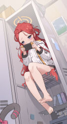 Rule 34 | 1girl, absurdres, barefoot, blue archive, blue eyes, blush, bow, dated commentary, feet, full body, hair bow, halo, handheld game console, highres, holding, holding handheld game console, indoors, jacket, locker, long hair, long sleeves, looking at object, one side up, orange halo, red hair, shijiuuuuuuu, sitting, soles, solo, toes, white jacket, yuzu (blue archive)