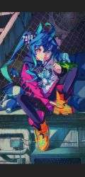 Rule 34 | 1girl, :t, @ @, absurdres, ahoge, air conditioner, animal ears, artist name, black pantyhose, blue eyes, blue hair, boots, chain-link fence, closed mouth, clothes writing, coat, commentary, dated, drawstring, english text, fang, fence, hair ribbon, heterochromia, highres, hood, hood down, hooded coat, horse ears, horse girl, knee up, letterboxed, long hair, long sleeves, looking at viewer, mouth hold, multicolored coat, orange footwear, pantyhose, purple eyes, r49uk, ribbon, sitting, sleeves past fingers, sleeves past wrists, smile, solo, stuffed animal, stuffed rabbit, stuffed toy, symbol-only commentary, toothpick, twin turbo (umamusume), twintails, umamusume, white ribbon