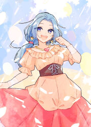 Rule 34 | 1girl, blue eyes, blue hair, bright pupils, brown corset, commentary request, corset, dress, enomoto noa, frilled sleeves, frills, hair bobbles, hair ornament, hand up, heart, heart necklace, highres, jewelry, long hair, low ponytail, lu yi (rokuichi61), necklace, open mouth, orange dress, parted bangs, puffy short sleeves, puffy sleeves, ribbon, saibou shinkyoku, short sleeves, side ponytail, smile, solo, star (symbol), star hair ornament, teeth, upper teeth only, white pupils, white ribbon, wrist cuffs