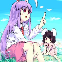Rule 34 | 2girls, :d, :o, amulet, animal ears, barefoot, between thighs, black hair, blush stickers, cherry blossoms, cloud, day, dress, dress shirt, female focus, flower, grass, inaba tewi, knees together feet apart, long hair, lowres, miniskirt, multiple girls, necktie, oekaki, open mouth, outdoors, petals, pink dress, purple eyes, purple hair, rabbit ears, red necktie, reisen udongein inaba, shirt, short hair, sidelocks, sitting, skirt, sky, smile, sys (suisei), touhou, very long hair, wariza