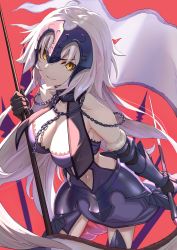 Rule 34 | 1girl, absurdres, ahoge, armor, black gloves, breasts, chain, cleavage, clothing cutout, fate/grand order, fate (series), flag, gloves, highres, holding, holding sword, holding weapon, jeanne d&#039;arc (fate), jeanne d&#039;arc alter (avenger) (fate), jeanne d&#039;arc alter (avenger) (third ascension) (fate), jeanne d&#039;arc alter (fate), kuen (kuennn12), large breasts, navel, navel cutout, red background, smile, solo, sword, weapon, white hair, yellow eyes