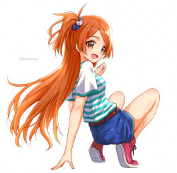 Rule 34 | 1girl, arm support, blush, breasts, denim, denim shorts, full body, gomasho asuka, idolmaster, idolmaster million live!, long hair, looking at viewer, looking back, ogami tamaki, one side up, orange hair, shirt, shorts, simple background, small breasts, smile, solo, striped clothes, striped shirt, tiptoes, very long hair, white background