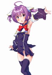 Rule 34 | arm up, armpits, breasts, detached sleeves, forz, highres, myu (quiz magic academy), no panties, open mouth, purple eyes, purple hair, quiz magic academy, school uniform, sideboob, small breasts, thighhighs, two side up