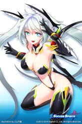 Rule 34 | 1girl, bare shoulders, blue eyes, blush, breasts, cleavage, elbow gloves, gloves, green eyes, headgear, large breasts, long hair, looking at viewer, maggie (soccer spirits), multicolored eyes, navel, original, purple eyes, silver hair, smile, snowball22, soccer spirits, solo, tail, thighhighs, twintails, very long hair