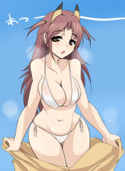 Rule 34 | 10s, 1girl, animal ears, bikini, blush, breasts, brown eyes, brown hair, cameltoe, cleavage, collarbone, curvy, extra ears, fox ears, heavy breathing, hip focus, infinite stratos, large breasts, long hair, momio, narrow waist, navel, nohotoke honne, open mouth, short twintails, side-tie bikini bottom, simple background, solo, sweat, swimsuit, twintails, undressing, white bikini, wide hips