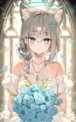 Rule 34 | 1girl, absurdres, alternate costume, animal ear fluff, animal ears, aqua eyes, blue archive, blush, bouquet, breasts, butterfly hair ornament, cleavage, cross hair ornament, dress, extra ears, flower, grey hair, hair ornament, halo, highres, holding, holding bouquet, iop5509, light smile, looking at viewer, medium breasts, mismatched pupils, see-through, see-through cleavage, shiroko (blue archive), solo, upper body, white dress, wolf ears