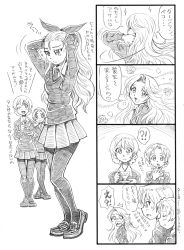 Rule 34 | !?, 10s, 3girls, adjusting hair, assam (girls und panzer), bangs pinned back, bbb (friskuser), blush, closed eyes, comic, commentary request, cup, darjeeling (girls und panzer), floral background, flower, girls und panzer, greyscale, hair down, hair ribbon, hair up, hand to own mouth, heart, highres, holding, holding cup, long hair, looking at viewer, looking back, monochrome, multiple girls, necktie, one eye closed, open mouth, orange pekoe (girls und panzer), pantyhose, parted bangs, ponytail, revision, ribbon, rose, school uniform, shirt, shoes, smile, sparkle, spoken heart, spoken interrobang, surprised, sweater, teacup, tears, translation request, tying hair
