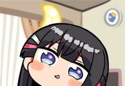 Rule 34 | 1girl, black hair, blue eyes, blurry, blurry background, blush stickers, chibi, crescent, curtains, depth of field, flat screen tv, hair ornament, hairclip, indoors, kanikama, logo, nijisanji, parted lips, smug, solo, television, tsukino mito, virtual youtuber, window