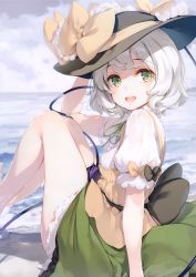 Rule 34 | 1girl, :d, absurdres, arm up, black hat, blush, bow, cloud, feet out of frame, from side, green eyes, green ribbon, green skirt, hat, hat bow, highres, ke-ta, knees up, komeiji koishi, looking at viewer, miniskirt, neck ribbon, ocean, open mouth, outdoors, petticoat, ribbon, scan, shirt, short hair, silver hair, sitting, skirt, smile, solo, thighs, touhou, vest, water, wet, wet clothes, wet shirt, white shirt, yellow bow, yellow vest