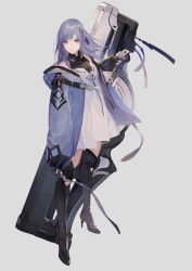 Rule 34 | 1girl, black footwear, boots, breasts, dress, full body, grey background, hair ornament, halterneck, high heel boots, high heels, huge weapon, jacket, light purple hair, long sleeves, looking at viewer, medium breasts, medium hair, nineo, open clothes, open jacket, original, purple eyes, short dress, simple background, sleeves past wrists, solo, standing, thigh boots, thighhighs, weapon, white dress
