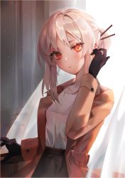 Rule 34 | 1girl, absurdres, black gloves, blouse, blush, borrowed character, breasts, coat, commentary request, gloves, highres, huge filesize, long hair, looking at viewer, orange eyes, original, shirt, solo, two (tsu (lovesick1964)), white hair, white shirt, yoru (yowuyoru)