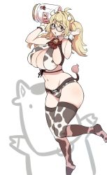 Rule 34 | 1girl, :o, absurdres, animal print, bikini, blonde hair, breasts, cow horns, cow print, cow tail, curvy, glasses, highres, horns, huge breasts, kakuzatou (satousatotototo), milk, navel, solo, swimsuit, tail, thighhighs, thighs, twintails