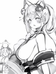 Rule 34 | 2girls, :i, absurdres, animal ear fluff, animal ears, bare shoulders, blush, breast envy, breasts, dog ears, dog girl, fang, flower, fuwawa abyssgard, fuwawa abyssgard (new year), greyscale, hair flower, hair ornament, highres, hololive, hololive english, japanese clothes, jitome, kimono, large breasts, long hair, looking at another, looking at viewer, mococo abyssgard, mococo abyssgard (new year), monochrome, multiple girls, nanashi (nlo), perroccino (fuwamoco), ponytail, sash, siblings, sideboob, sisters, solo focus, triangle mouth, upper body, virtual youtuber
