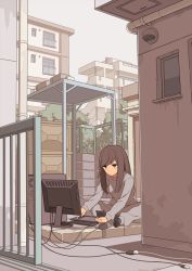 Rule 34 | 1girl, black socks, brown eyes, brown hair, building, closed mouth, commentary request, computer, drawing tablet, gate, grey pants, grey shirt, grey sky, highres, holding, holding stylus, house, keyboard (computer), long sleeves, monitor, mouse (computer), no shoes, original, outdoors, pants, shirt, sidelocks, sitting, sky, socks, solo, stylus, tomioka jirou