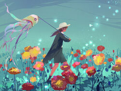 Rule 34 | 1girl, artist name, black coat, black eyes, black footwear, black shorts, blue eyeshadow, blue sky, boots, brown hair, bud, bug, butterfly, closed mouth, coat, collared shirt, commentary, english commentary, eyeshadow, field, flower, flower field, flower request, from side, full body, grass, hat, holding, insect, koinobori, long hair, long sleeves, makeup, mina fz., original, outdoors, red flower, shirt, shorts, sky, smile, solo, striped clothes, striped shorts, vertical-striped clothes, vertical-striped shorts, white hat, white shirt, windsock, yellow flower