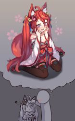 Rule 34 | 1girl, ?, @ @, ahoge, animal ears, bare shoulders, bell, black footwear, black thighhighs, blue eyes, blue ribbon, blush, boots, bow, breasts, cherry blossom print, cleavage, collarbone, fang, floral print, flower, flying sweatdrops, fox ears, fox girl, fox tail, glint, hair bell, hair between eyes, hair flower, hair ornament, hair ribbon, hakama, hakama short skirt, hakama skirt, hands on own face, hands up, headpat, highres, japanese clothes, jingle bell, kimono, long hair, long sleeves, miya (miyaruta), nose blush, open mouth, original, pink flower, red bow, red hair, red hakama, ribbon, sitting, skirt, small breasts, tail, thigh boots, thighhighs, thought bubble, twintails, very long hair, wariza, wavy mouth, white kimono