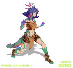 Rule 34 | 1girl, absurdres, artist name, bare shoulders, breasts, brown shorts, brown skirt, closed mouth, colored skin, crop top, flipped hair, flower, glowing skin, green skin, hair flower, hair ornament, hands up, highres, hui shuijiao de yu, league of legends, lizard tail, medium hair, midriff, navel, neeko (league of legends), pink flower, purple skin, reptile girl, shorts, skirt, small breasts, smile, solo, stomach, tail, toeless footwear