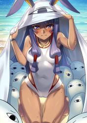 Rule 34 | 1girl, beach, commentary request, competition swimsuit, cosplay, covered navel, dark-skinned female, dark skin, day, facepaint, facial mark, fate/grand order, fate (series), gia kon, kneeling, long hair, looking at viewer, medjed (fate), medjed (fate) (cosplay), nitocris (fate), nitocris (fate/grand order), nitocris (swimsuit assassin) (fate), nitocris (swimsuit assassin) (second ascension) (fate), ocean, one-piece swimsuit, purple eyes, purple hair, swimsuit, white one-piece swimsuit