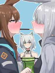 Rule 34 | 3girls, amiya (arknights), animal ear fluff, animal ears, arknights, bare shoulders, black jacket, black shirt, blue background, blush, breasts, brown hair, cleavage, closed mouth, comic, dress, food, frostnova (arknights), green dress, green eyes, grey hair, grey jacket, highres, hood, hood down, hooded jacket, jacket, kal&#039;tsit (arknights), long hair, medium breasts, multiple girls, nose blush, open clothes, open jacket, outline, pocky, pocky kiss, profile, rabbit ears, shared food, shirt, silent comic, simple background, smile, sweat, tofudofu, white outline, white shirt, yuri