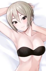 Rule 34 | 1girl, arm behind head, arm up, armpits, bad id, bad pixiv id, bandeau, bare arms, bare shoulders, bed, bikini, black bikini, black eyes, blush, breasts, cleavage, closed mouth, collarbone, earrings, female focus, from above, gomashi (goma), grey hair, hair between eyes, hand up, head tilt, highres, idolmaster, idolmaster cinderella girls, jewelry, looking at viewer, lying, medium breasts, neck, on back, on bed, parted bangs, shiomi syuko, short hair, smile, solo, strapless, strapless bikini, swimsuit, upper body