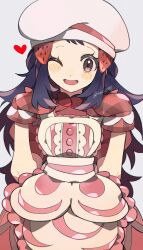 Rule 34 | 1girl, apron, arms up, blue hair, blush, creatures (company), dawn (palentine&#039;s 2021) (pokemon), dawn (pokemon), dress, food, food-themed hair ornament, frilled apron, frills, fruit, game freak, grey background, hair ornament, hairclip, hat, heart, highres, kawasaki (kwsk 8765), long hair, looking at viewer, nintendo, official alternate costume, one eye closed, open mouth, oven mitts, pokemon, pokemon masters ex, purple eyes, red dress, short sleeves, sidelocks, solo, strawberry, strawberry hair ornament, twitter username, white hat