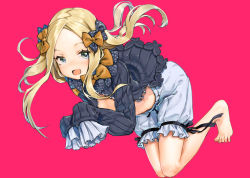 Rule 34 | 1girl, abigail williams (fate), black bow, black dress, blonde hair, bloomers, blue eyes, blush, bow, dress, fate/grand order, fate (series), feet, forehead, hair bow, highres, kou (kuma eni), legs, long hair, looking at viewer, open mouth, orange bow, parted bangs, pink background, polka dot, polka dot bow, simple background, sleeves past fingers, sleeves past wrists, smile, solo, thighs, underwear, white bloomers