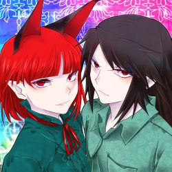 Rule 34 | 2girls, alternate hair length, alternate hairstyle, animal ears, black hair, cat ears, chamaruk, extra ears, highres, kaenbyou rin, long hair, looking at viewer, multiple girls, pointy ears, red eyes, red hair, reiuji utsuho, short hair, touhou